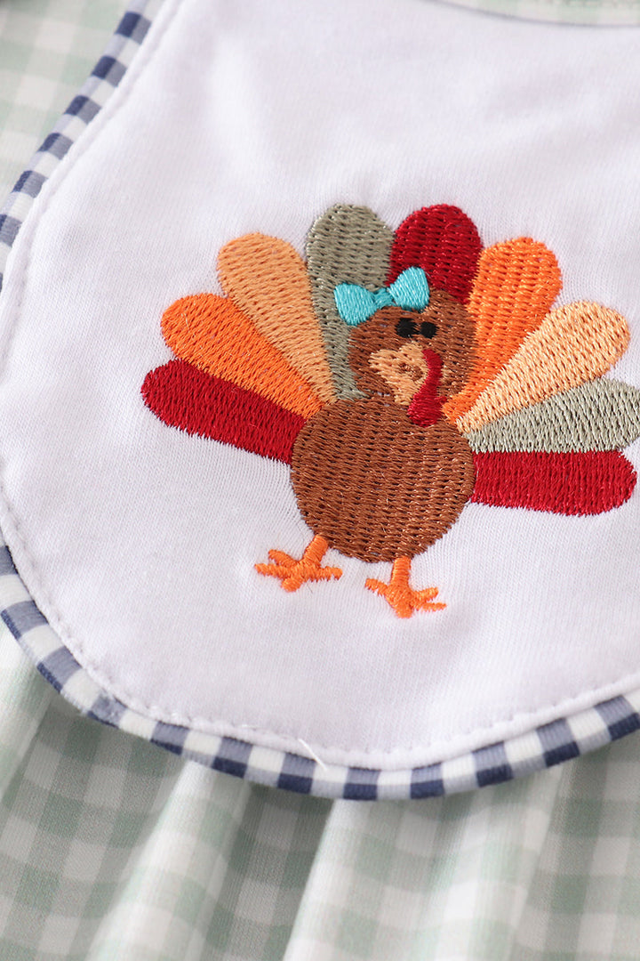 Sage Turkey Embroidery Gingham Girl Set