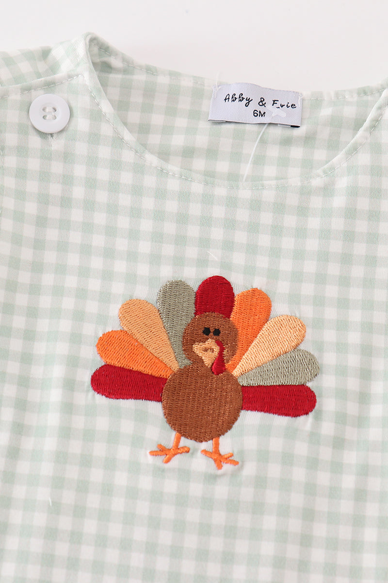 Sage Turkey Embroidery Gingham Boy Jonjon