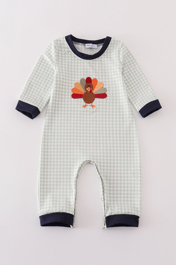 Sage Turkey Embroidery Gingham Boy Romper