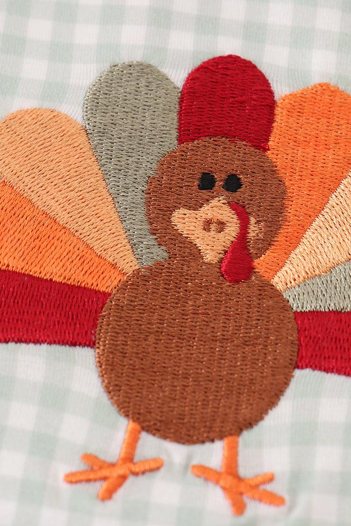 Sage Turkey Embroidery Gingham Boy Romper