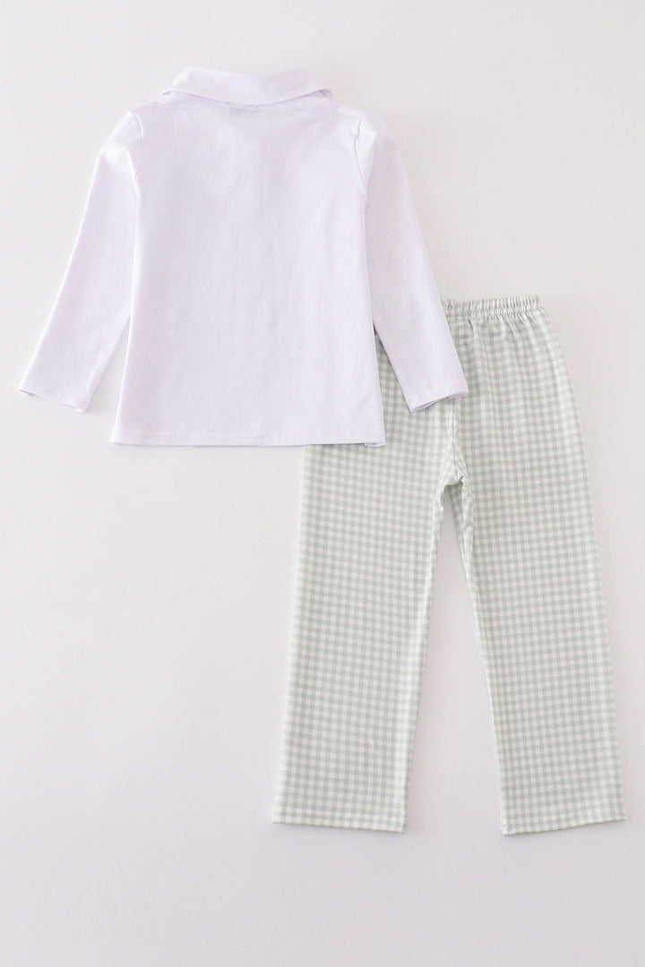 Sage Turkey Embroidery Gingham Boy Pants Set