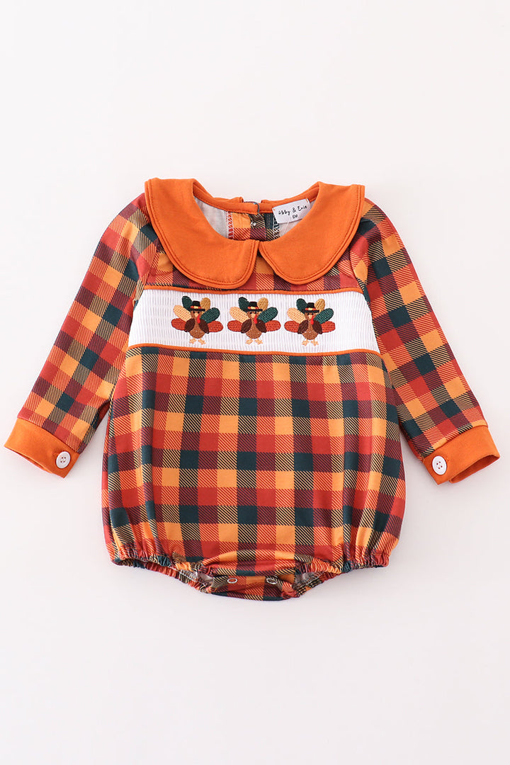 Orange Turkey Embroidery Plaid Smocked Boy Bubble