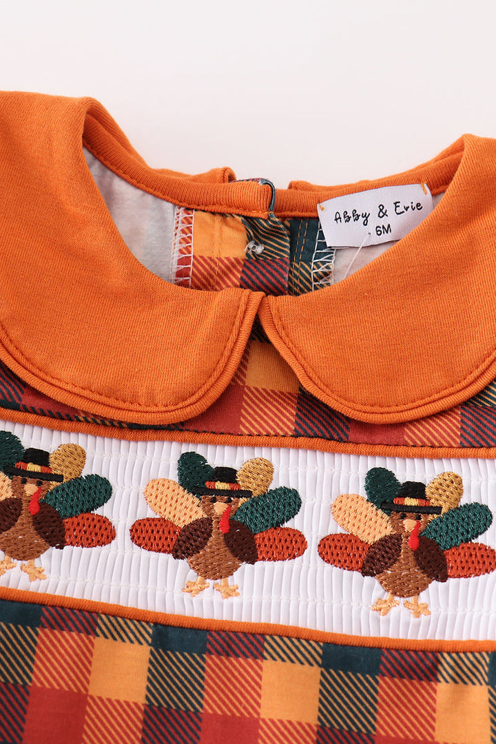 Orange Turkey Embroidery Plaid Smocked Boy Bubble