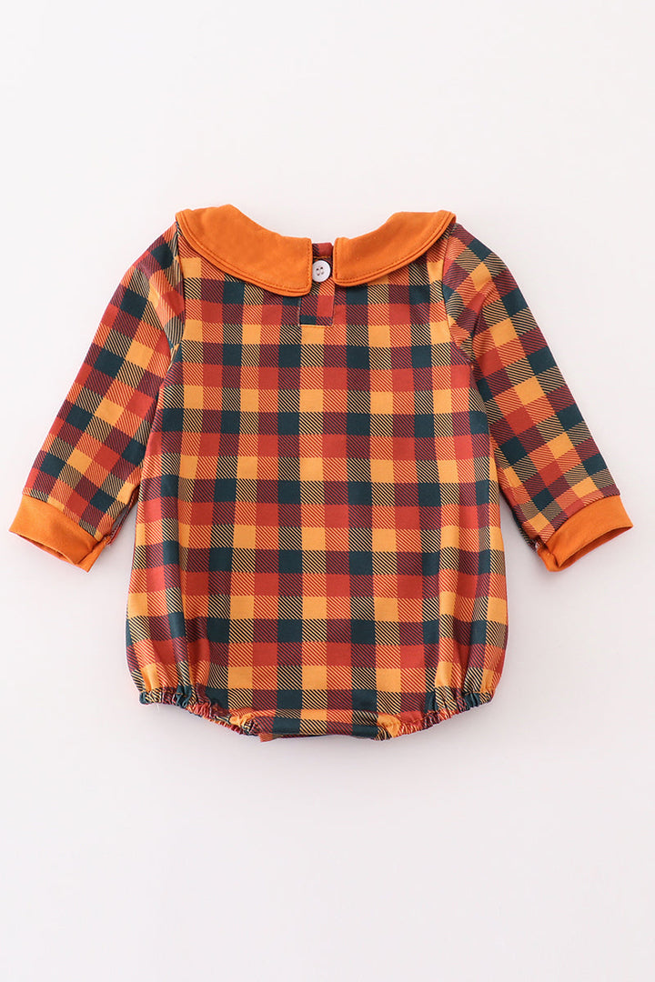 Orange Turkey Embroidery Plaid Smocked Boy Bubble