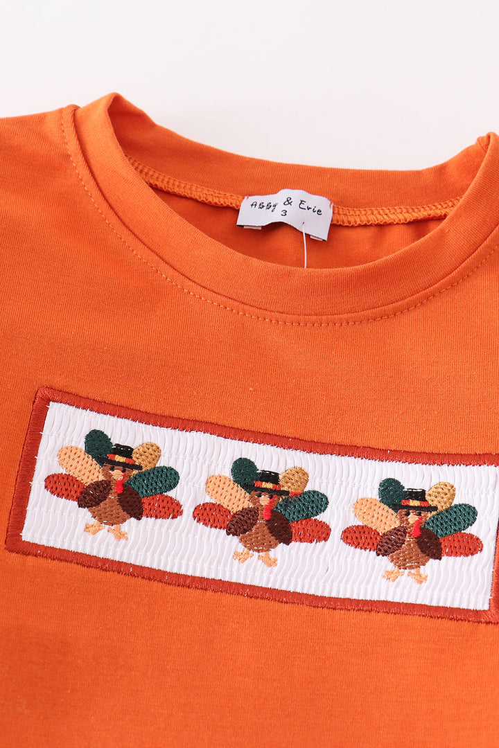 Orange Turkey Embroidery Plaid Boy Set