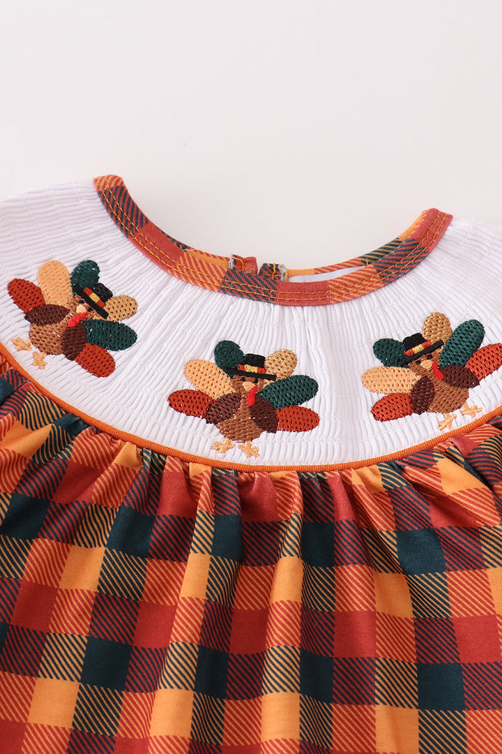 Orange Turkey Embroidery Smocked Plaid Girl Romper