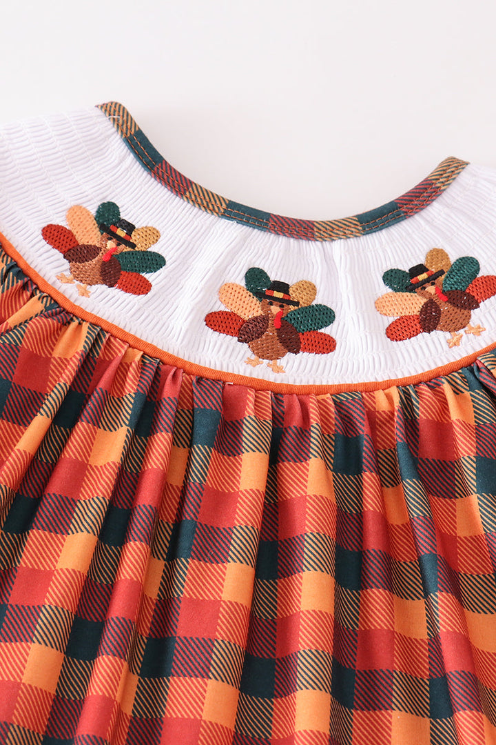 Orange Turkey Embroidery Smocked Plaid Girl Set