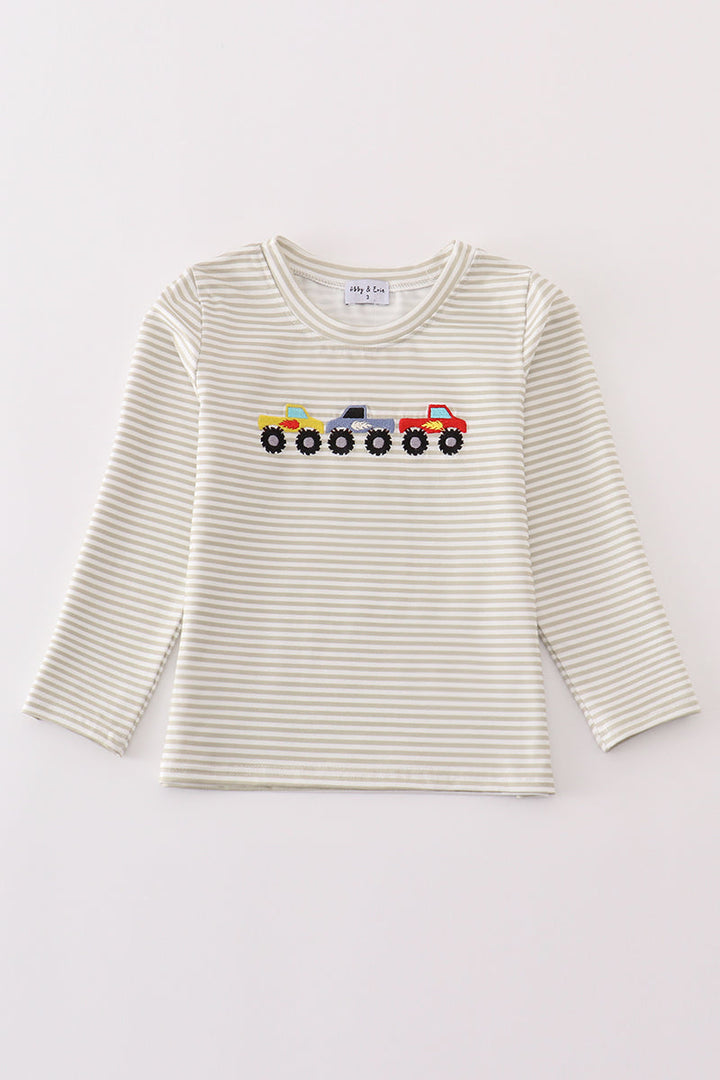 Gray Stripe Monster Truck Embroidery Boy Top