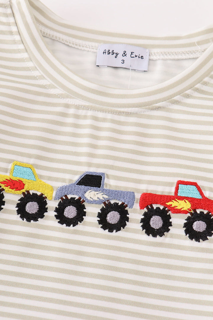 Gray Stripe Monster Truck Embroidery Boy Top