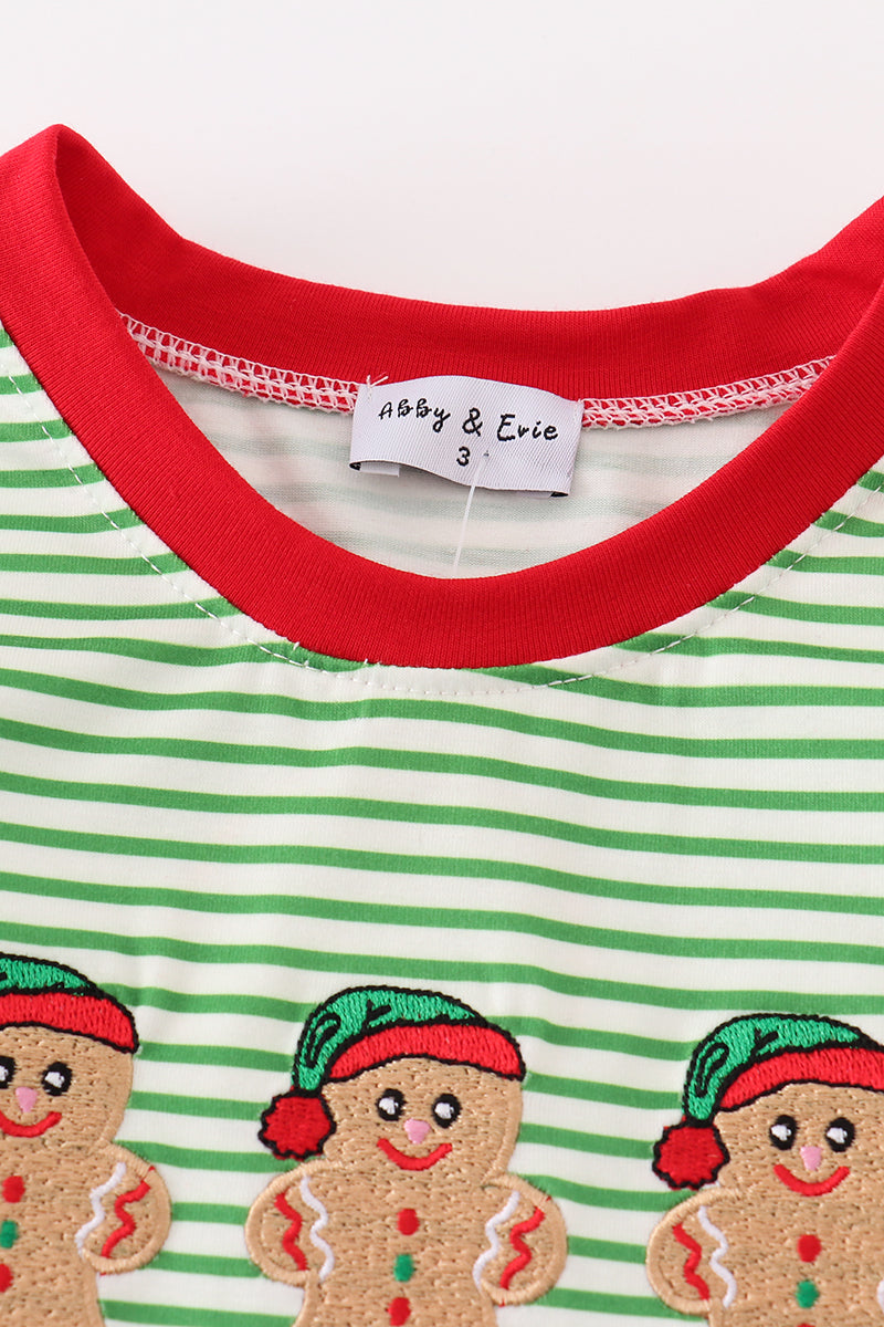 Green Stripe Christmas Gingerbread Embroidery Boy Top