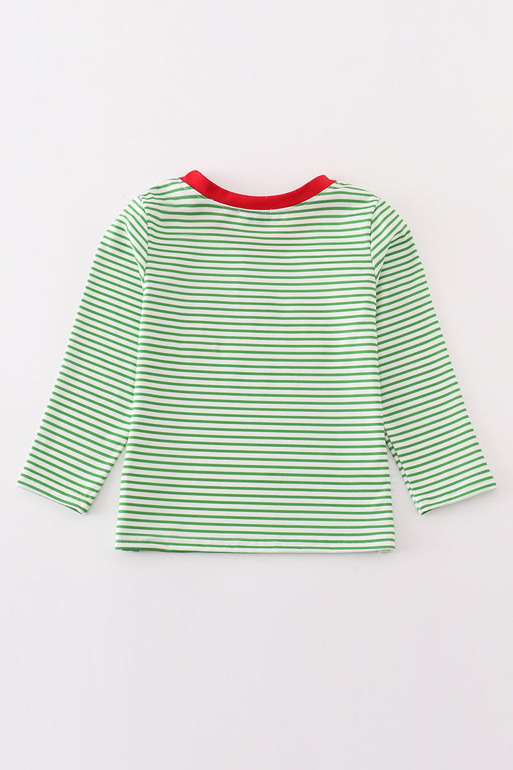 Green Stripe Christmas Gingerbread Embroidery Boy Top