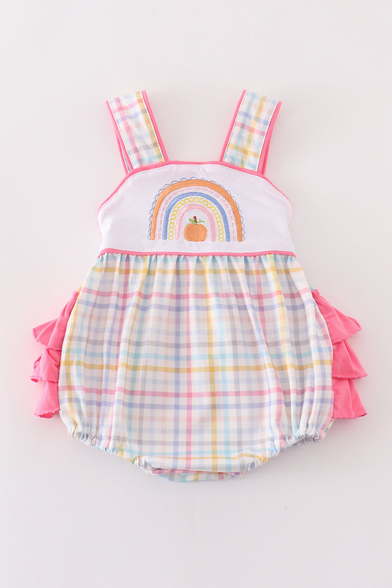 Rainbow Pumpkin Embroidery Plaid Girl Bubble