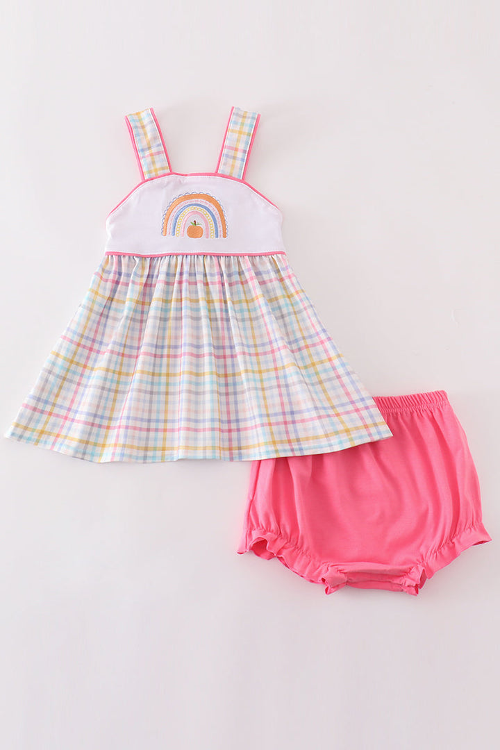 Rainbow Pumpkin Embroidery Plaid Baby Girl Set