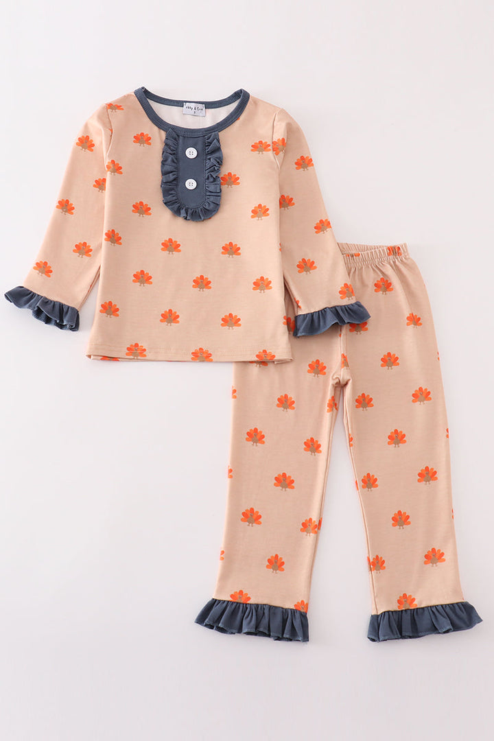 Khaki Turkey Print Girl Pajamas Set