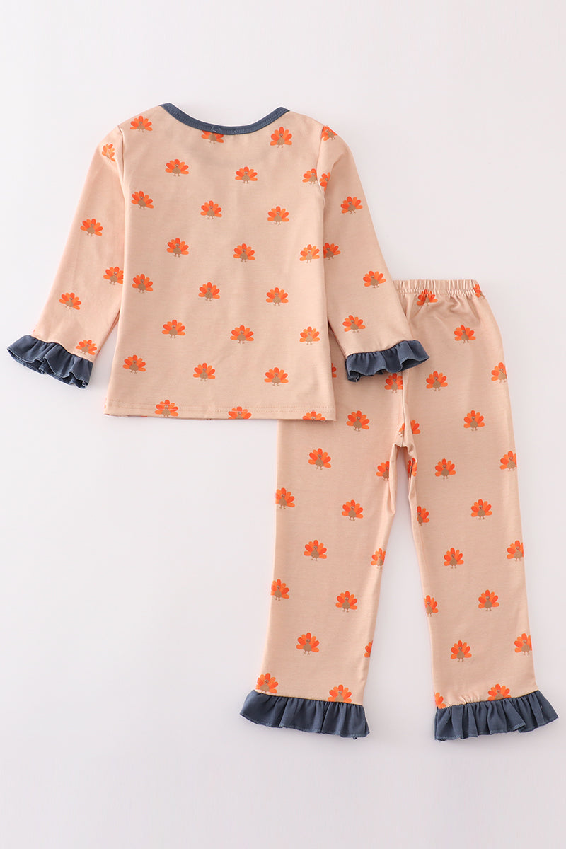 Khaki Turkey Print Girl Pajamas Set