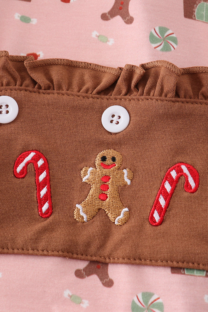 Pink Christmas Gingerbread Girl Ruffle Zip Romper