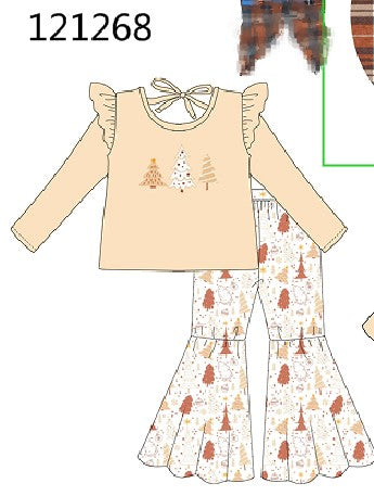 Khaki Christmas Tree Applique Girl Set