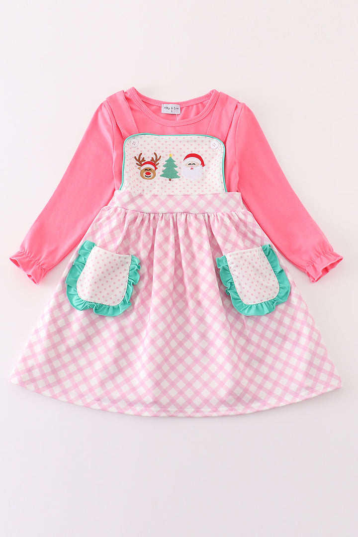 Pink Christmas Santa Reindeer Tree Embroidery Girl Dress Set