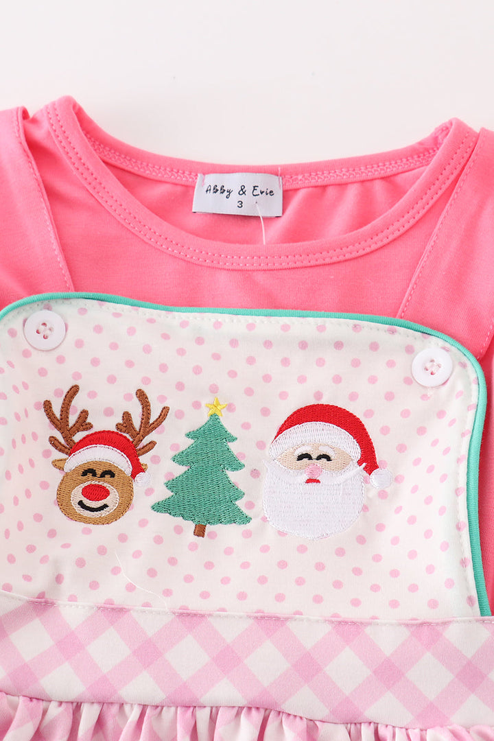 Pink Christmas Santa Reindeer Tree Embroidery Girl Dress Set