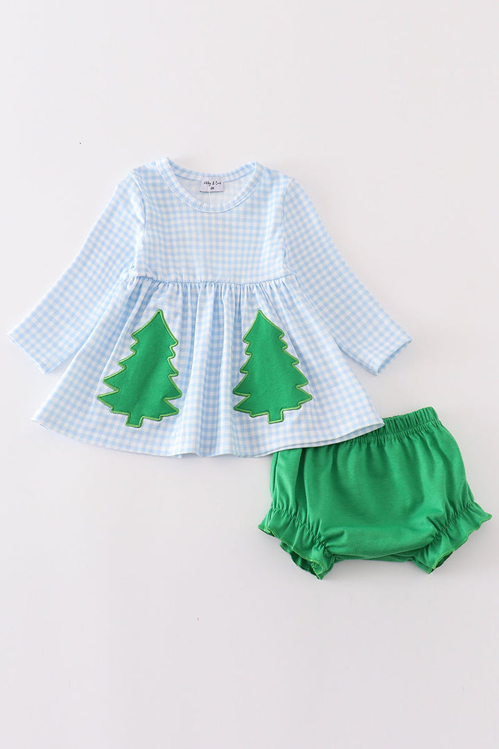 Green Christmas Tree Embroidery Girl Bloomer Set