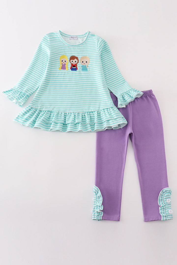 Green Stripe Princess Embroidery Girl Set