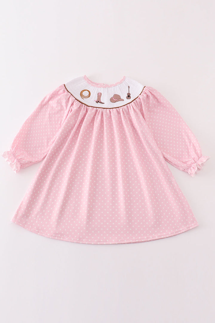 Pink Dot Smocked Western Embroidery Girl Dress