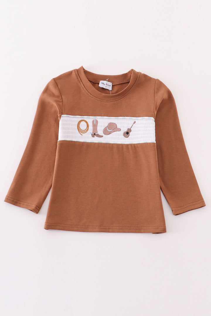 Brown Dot Smocked Western Embroidery Boy Top