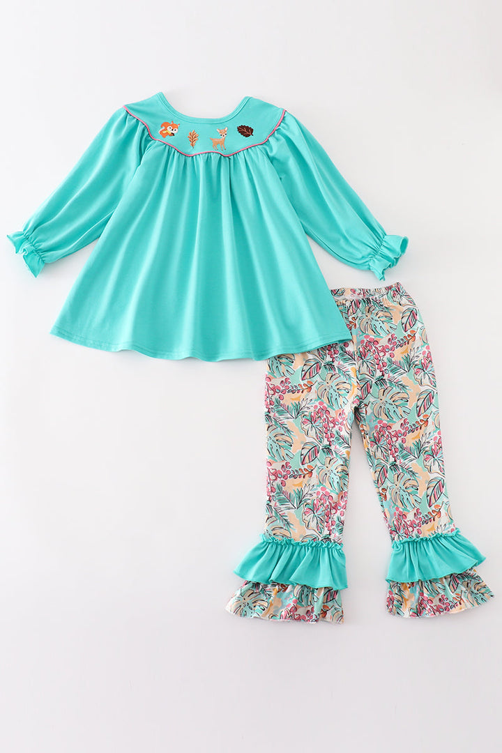 Teal Floral Print Forest Animal Embroidery Girl Set