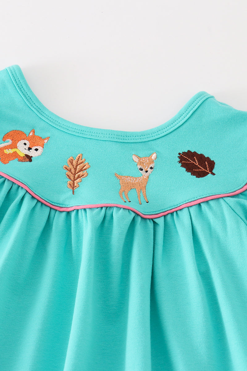 Teal Floral Print Forest Animal Embroidery Girl Set