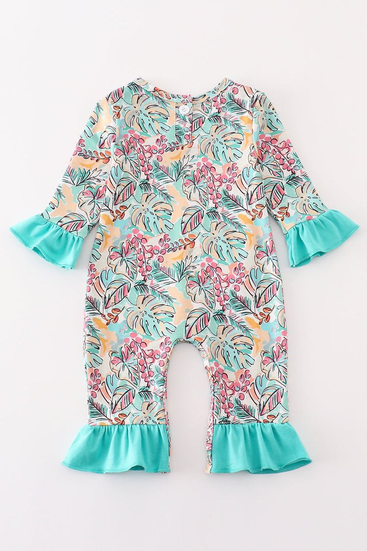 Teal Floral Print Forest Animal Embroidery Girl Romper