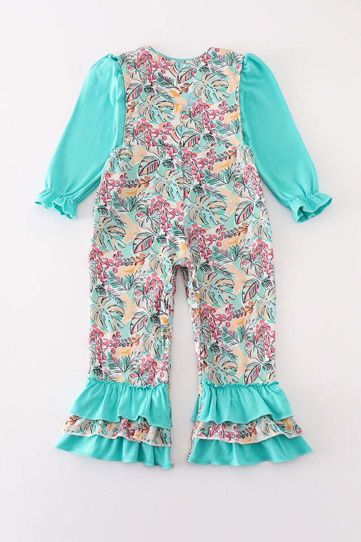 Teal Floral Print Forest Animal Embroidery 2pc Girl Jumpsuit Set