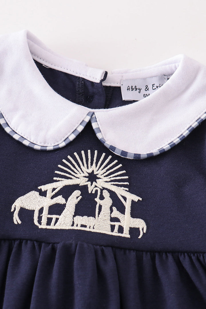 Navy Nativity Embroidery Gingham Girl Bloomers Set