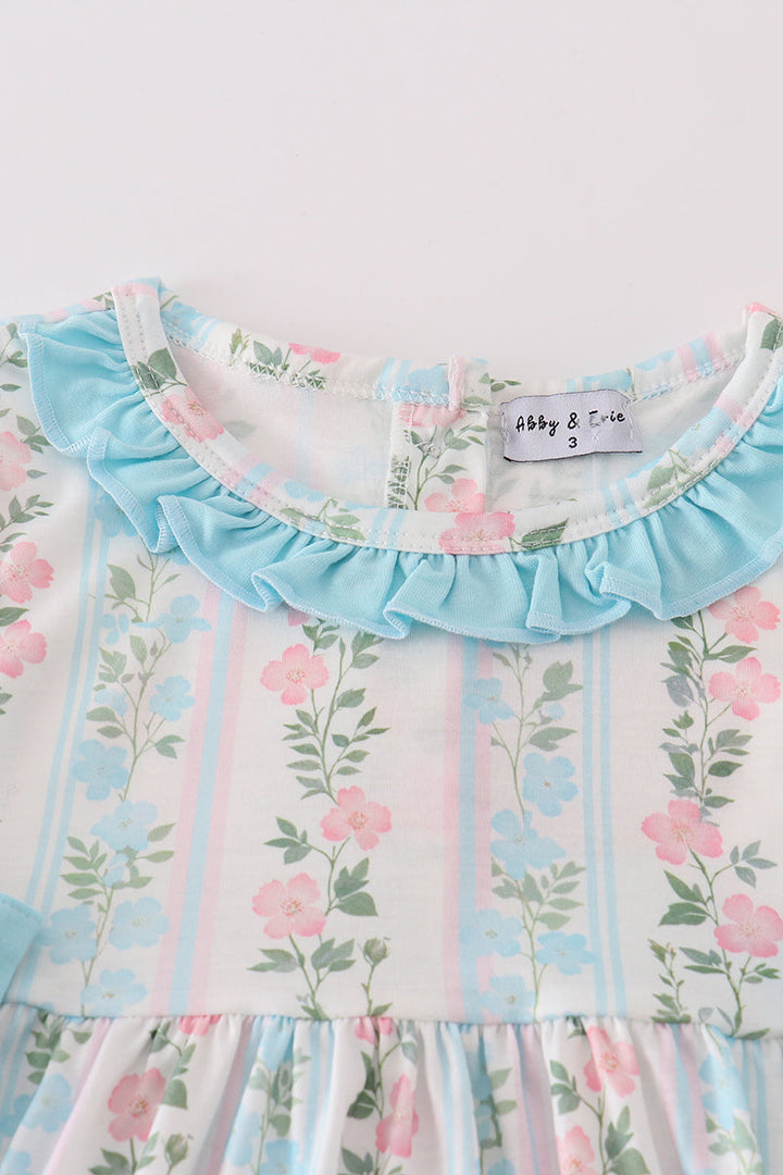 Blue Floral Print Ruffle Girl Dress