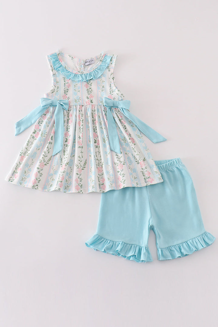 Blue Floral Print Ruffle Girl Set