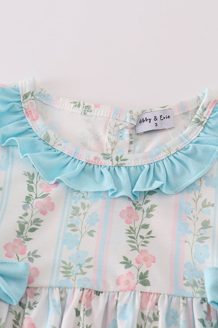 Blue Floral Print Ruffle Girl Set