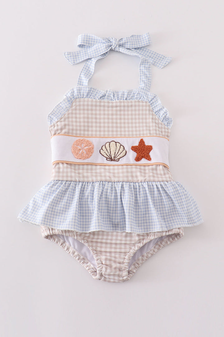 Khaki Shells Starfish French Knot Girl Swimsuit