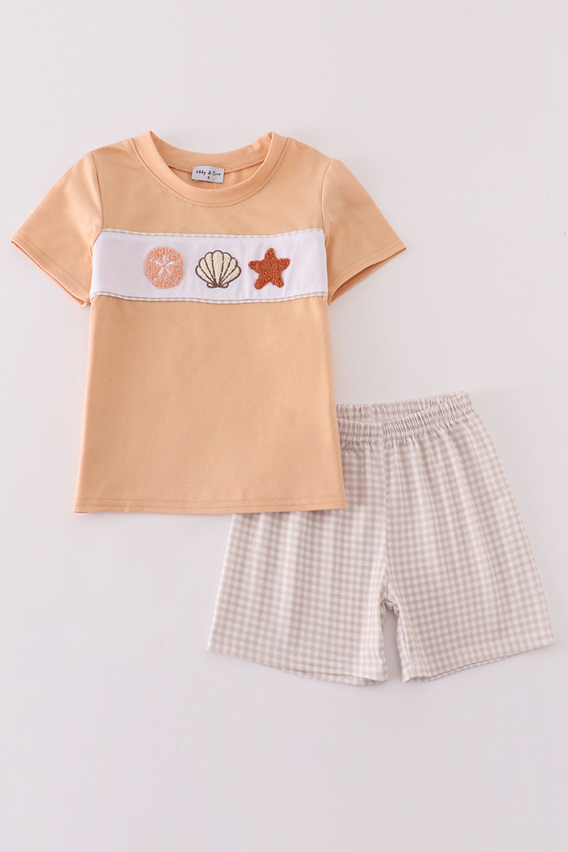 Khaki Shells Starfish French Knot Boy Set