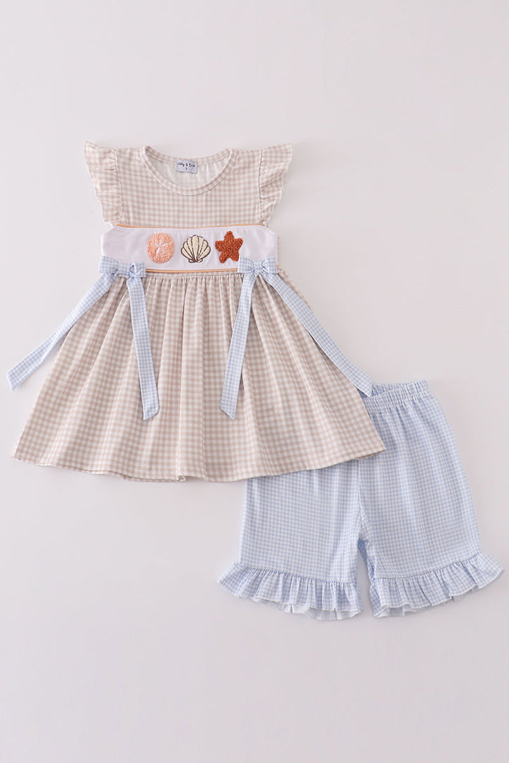 Khaki Shells Starfish French Knot Girl Set