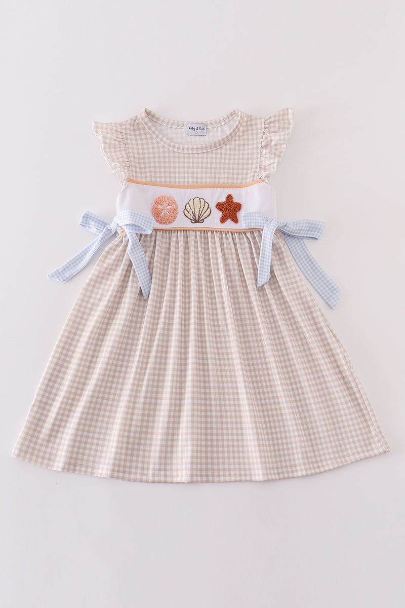 Khaki Shells Starfish French Knot Girl Dress