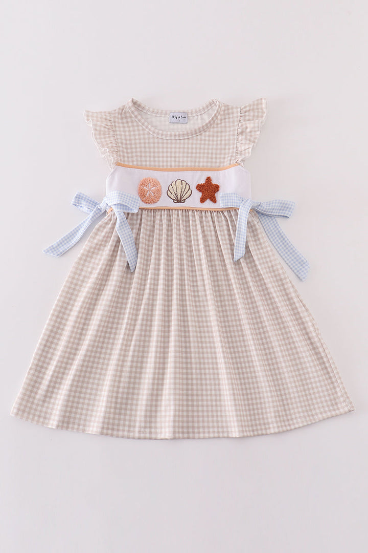 Khaki Shells Starfish French Knot Girl Dress