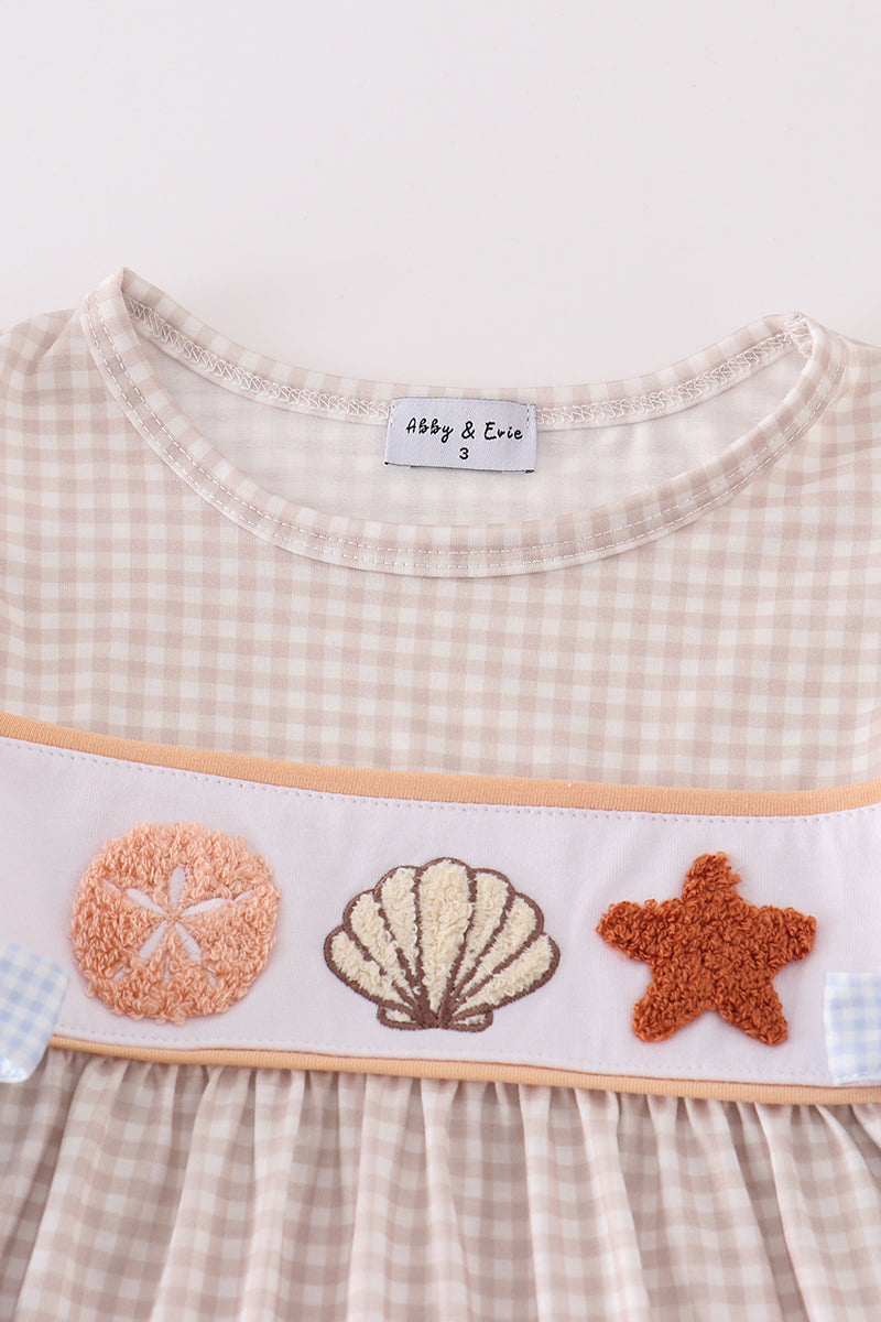 Khaki Shells Starfish French Knot Girl Dress