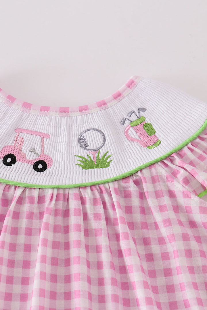 Pink Golf Embroidery Gingham Girl Dress