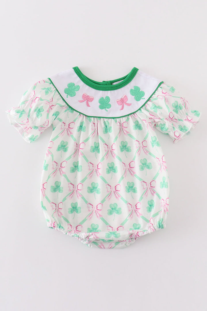 Green Lucky Clover Bow Embroidery Girl Bubble