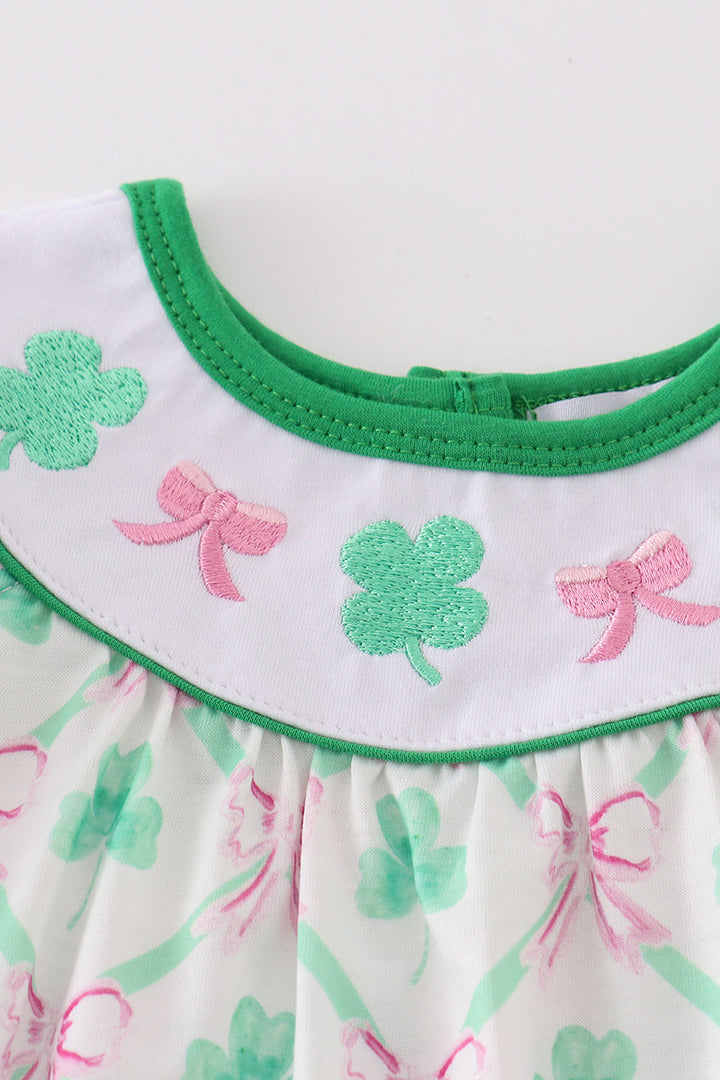 Green Lucky Clover Bow Embroidery Girl Bubble