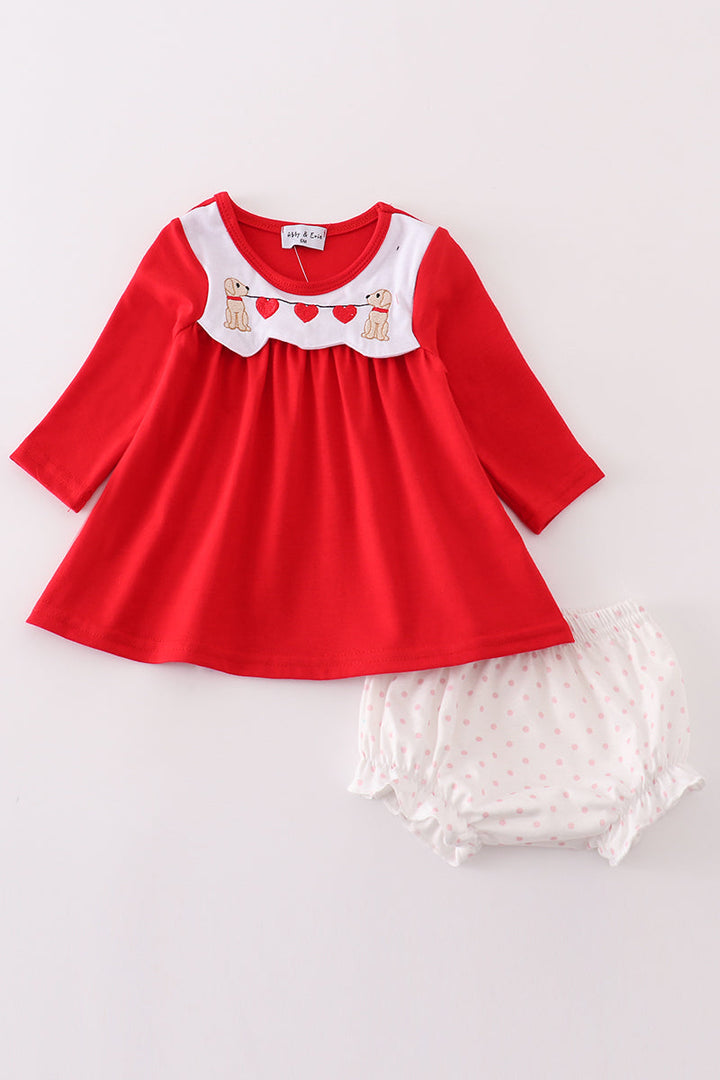 Red Valentine's Day Puppy Embroidery Girl Bloomer Set