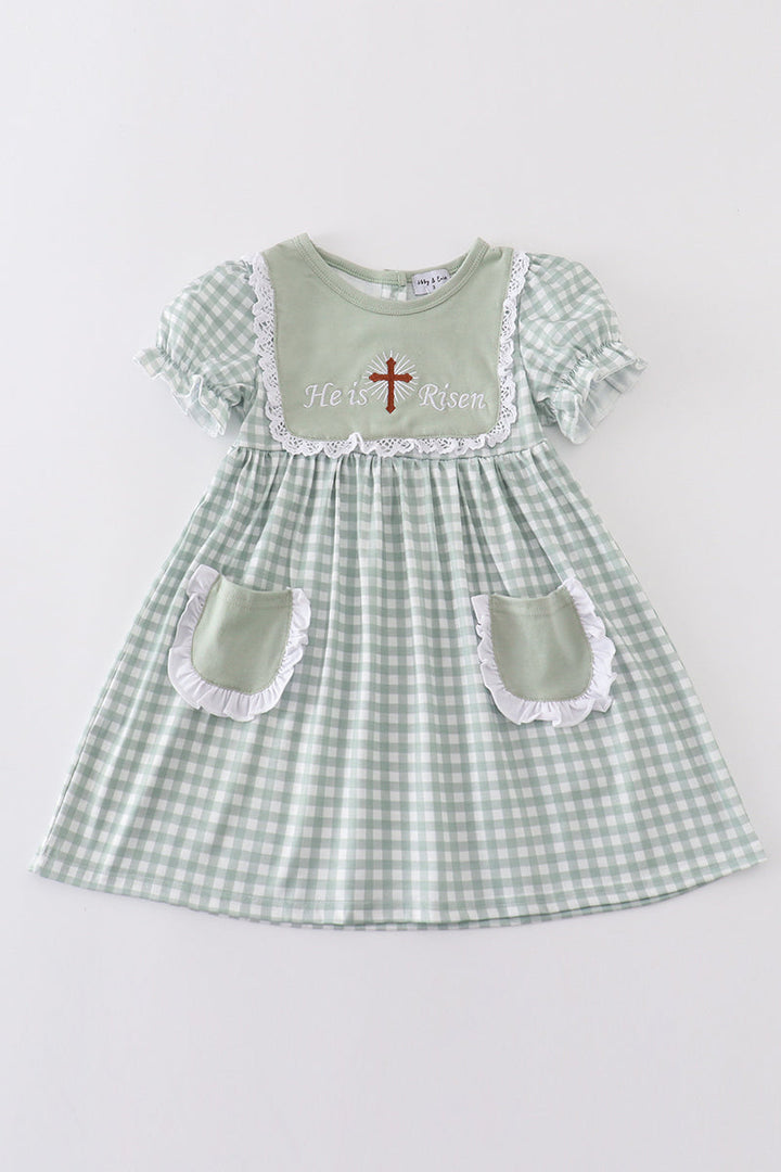 Sage Easter He Is Risen Cross Embroidery Girl Dress