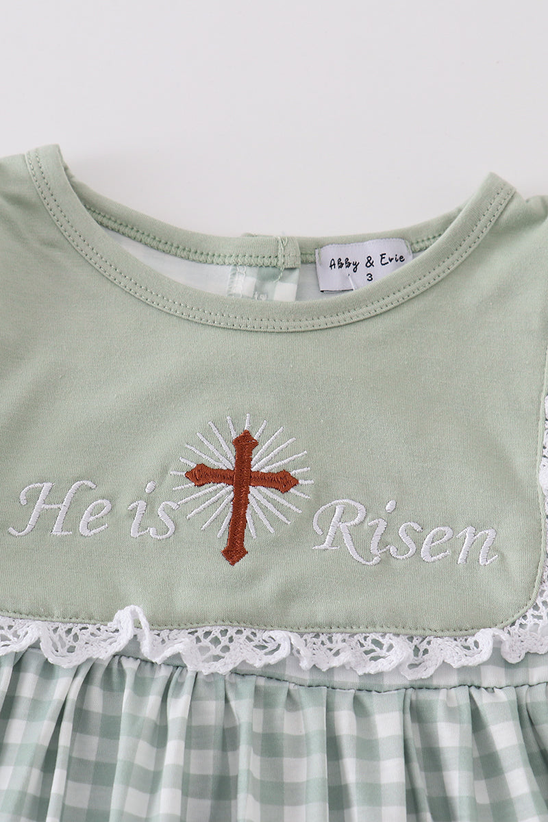 Sage Easter He Is Risen Cross Embroidery Girl Dress