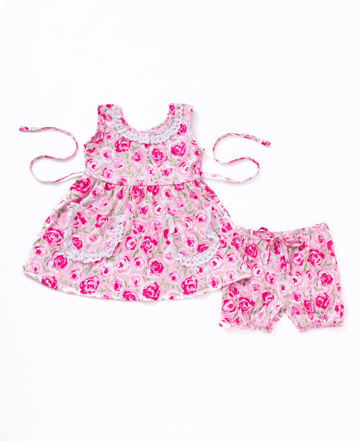 Pink Floral Print Pocket Lace Girl Shorts Set