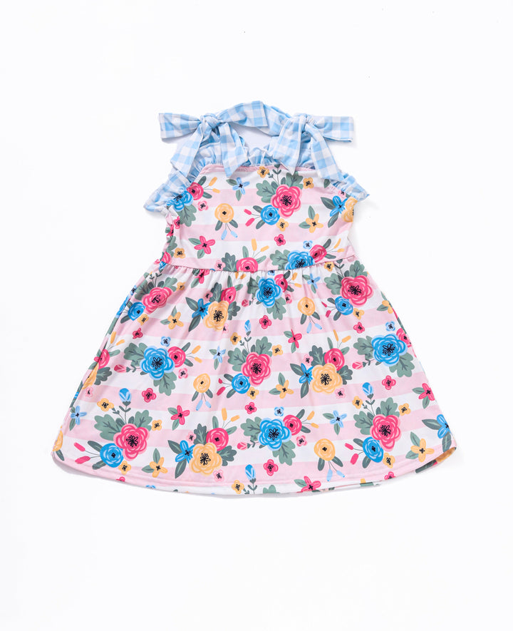 Blue Floral Print Ruffle Dress