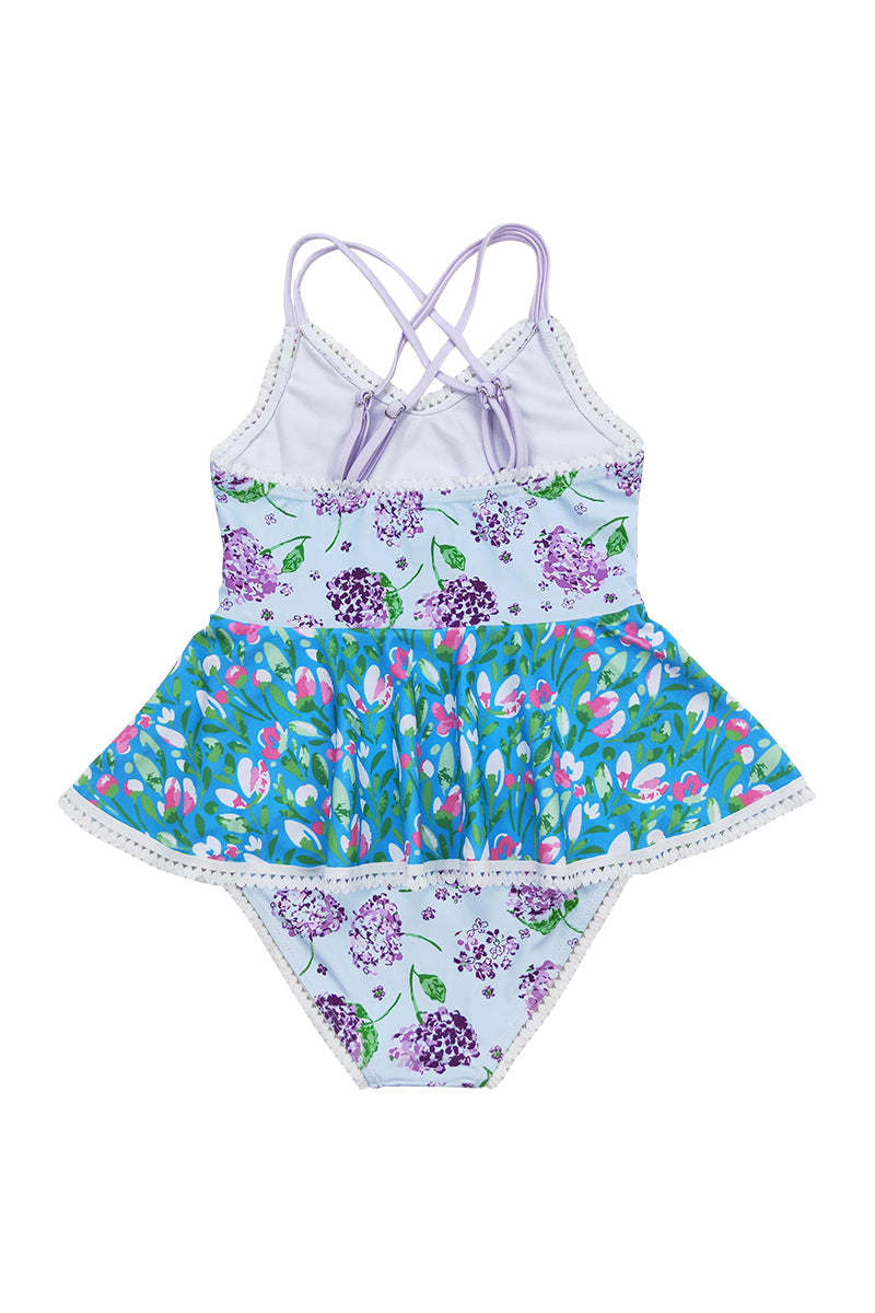 Blue Floral Print Girl Swimsuit